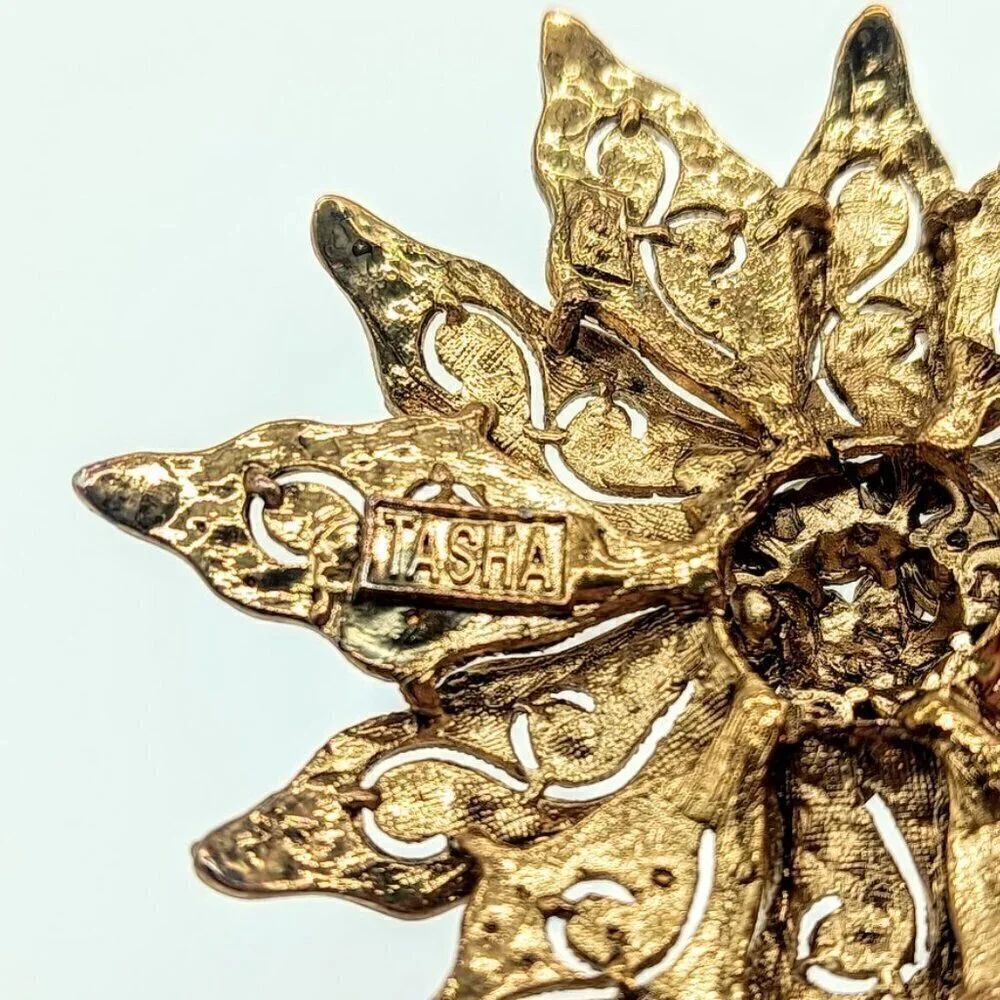 Vintage Tasha Golden Crystal Filigree Flower Pin Brooch